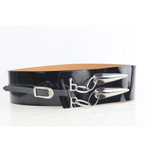Vintage Black Patent Wide Waist Belt Silver Studded Chain Detail Size 90 main image 7